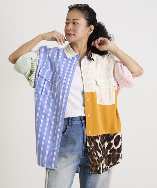 Freada(フリーダ)の「Freada/フリーダ パッチワーク ビッグシャツ(シャツ/ブラウス・レディース・ブルー/ブラック・ONE SIZE)」の6枚目の写真