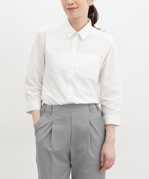 Honeys（ハニーズ）の「【らくらくアイロン】らくらく伸縮７分袖シャツ（シャツ/ブラウス・レディース・ホワイト/サックスブルー系1/ホワイト×ネイビー/ブラック/ホワイト×ブルー・S/M/LL/L/3L）」の2枚目の写真