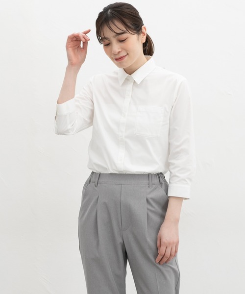 Honeys（ハニーズ）の「【らくらくアイロン】らくらく伸縮７分袖シャツ（シャツ/ブラウス・レディース・ホワイト/サックスブルー系1/ホワイト×ネイビー/ブラック/ホワイト×ブルー・S/M/LL/L/3L）」の9枚目の写真