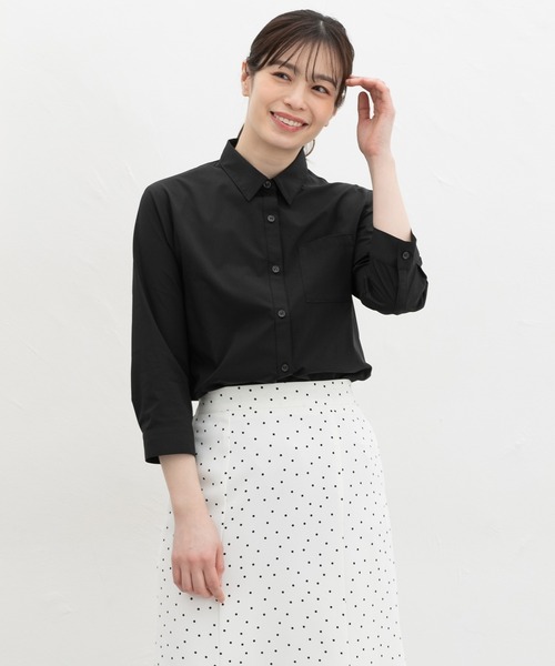 Honeys（ハニーズ）の「【らくらくアイロン】らくらく伸縮７分袖シャツ（シャツ/ブラウス・レディース・ホワイト/サックスブルー系1/ホワイト×ネイビー/ブラック/ホワイト×ブルー・S/M/LL/L/3L）」の11枚目の写真