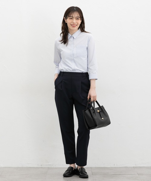 Honeys（ハニーズ）の「【らくらくアイロン】らくらく伸縮７分袖シャツ（シャツ/ブラウス・レディース・ホワイト/サックスブルー系1/ホワイト×ネイビー/ブラック/ホワイト×ブルー・S/M/LL/L/3L）」の12枚目の写真