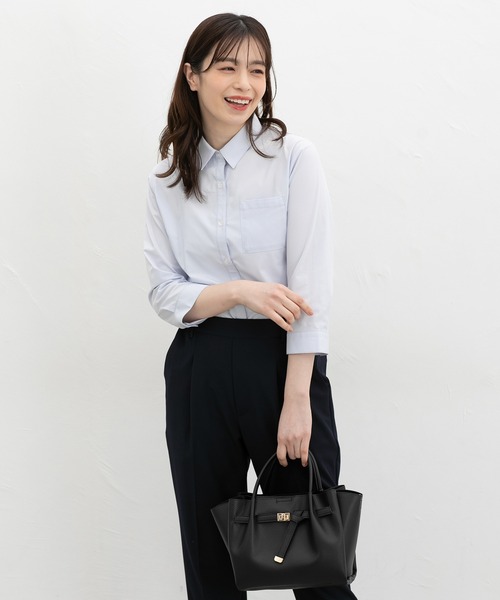 Honeys（ハニーズ）の「【らくらくアイロン】らくらく伸縮７分袖シャツ（シャツ/ブラウス・レディース・ホワイト/サックスブルー系1/ホワイト×ネイビー/ブラック/ホワイト×ブルー・S/M/LL/L/3L）」の13枚目の写真
