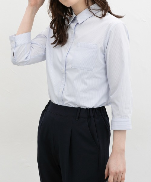 Honeys（ハニーズ）の「【らくらくアイロン】らくらく伸縮７分袖シャツ（シャツ/ブラウス・レディース・ホワイト/サックスブルー系1/ホワイト×ネイビー/ブラック/ホワイト×ブルー・S/M/LL/L/3L）」の14枚目の写真