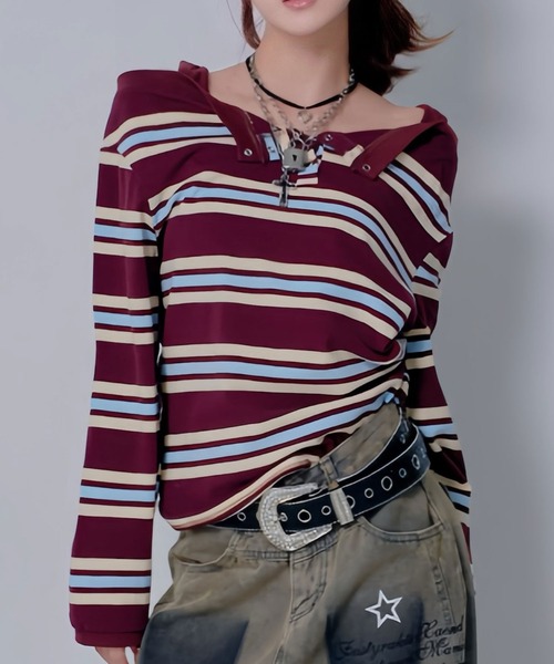 Diable baiser(ディアブルベーゼ)の「マルチボーダーオフショル長袖カットソートップス(Tシャツ/カットソー・レディース・ブラウン・M-L/L~LL)」の1枚目の写真