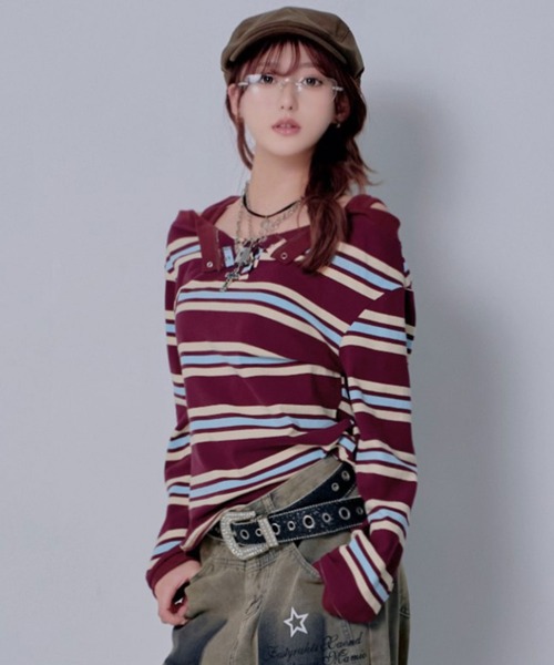 Diable baiser(ディアブルベーゼ)の「マルチボーダーオフショル長袖カットソートップス(Tシャツ/カットソー・レディース・ブラウン・M-L/L~LL)」の2枚目の写真