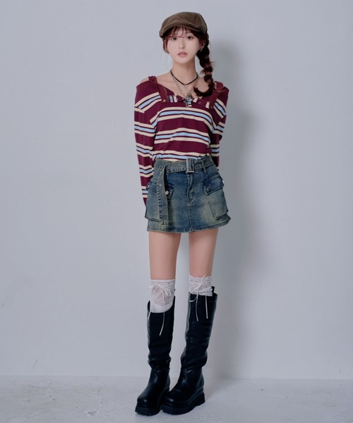 Diable baiser(ディアブルベーゼ)の「マルチボーダーオフショル長袖カットソートップス(Tシャツ/カットソー・レディース・ブラウン・M-L/L~LL)」の7枚目の写真