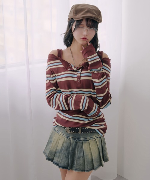 Diable baiser(ディアブルベーゼ)の「マルチボーダーオフショル長袖カットソートップス(Tシャツ/カットソー・レディース・ブラウン・M-L/L~LL)」の10枚目の写真