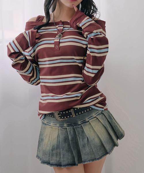 Diable baiser(ディアブルベーゼ)の「マルチボーダーオフショル長袖カットソートップス(Tシャツ/カットソー・レディース・ブラウン・M-L/L~LL)」の11枚目の写真