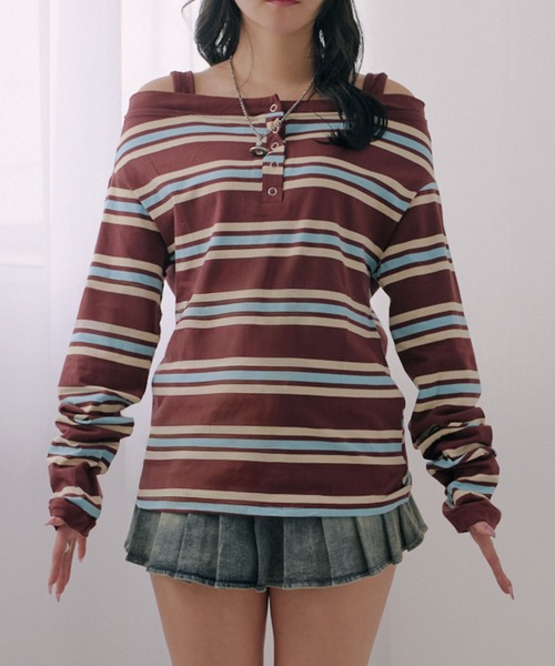Diable baiser(ディアブルベーゼ)の「マルチボーダーオフショル長袖カットソートップス(Tシャツ/カットソー・レディース・ブラウン・M-L/L~LL)」の13枚目の写真