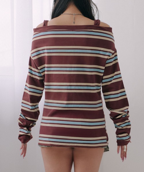 Diable baiser(ディアブルベーゼ)の「マルチボーダーオフショル長袖カットソートップス(Tシャツ/カットソー・レディース・ブラウン・M-L/L~LL)」の14枚目の写真
