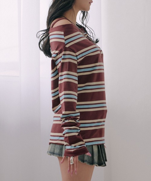 Diable baiser(ディアブルベーゼ)の「マルチボーダーオフショル長袖カットソートップス(Tシャツ/カットソー・レディース・ブラウン・M-L/L~LL)」の15枚目の写真