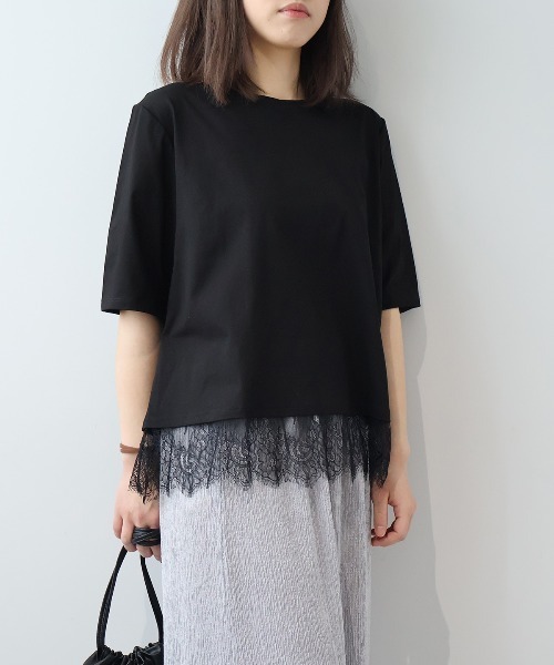 leswel(レスウェル)の「【M/L】【接触冷感】シルケット天竺レースヘムTシャツ(Tシャツ/カットソー・レディース・ベージュ/ブラック/オフホワイト/チャコールグレー・M/L)」の7枚目の写真
