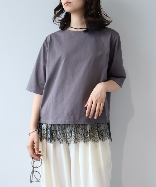 leswel(レスウェル)の「【M/L】【接触冷感】シルケット天竺レースヘムTシャツ(Tシャツ/カットソー・レディース・ベージュ/ブラック/オフホワイト/チャコールグレー・M/L)」の12枚目の写真