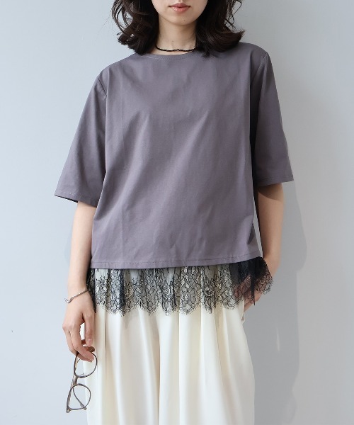 leswel(レスウェル)の「【M/L】【接触冷感】シルケット天竺レースヘムTシャツ(Tシャツ/カットソー・レディース・ベージュ/ブラック/オフホワイト/チャコールグレー・M/L)」の5枚目の写真
