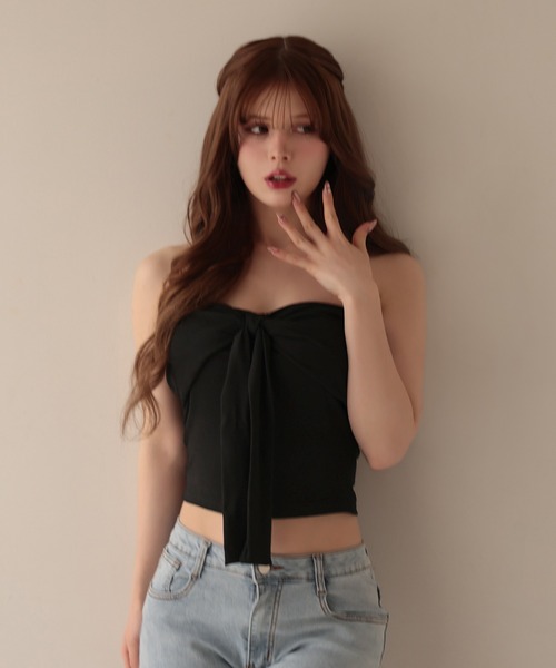 M DOLLY（エムドリー）の「Front ribbon mila bare top/フロントリボンミラ ベアトップ（チューブトップ・レディース・グレー/ブラック・FREE）」の2枚目の写真