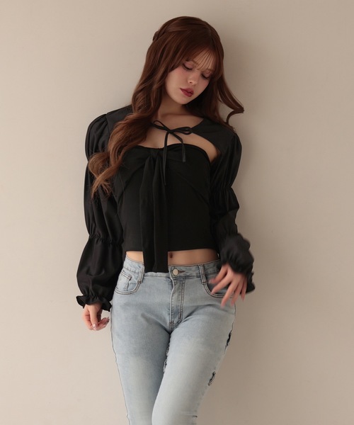 M DOLLY（エムドリー）の「Front ribbon mila bare top/フロントリボンミラ ベアトップ（チューブトップ・レディース・グレー/ブラック・FREE）」の4枚目の写真