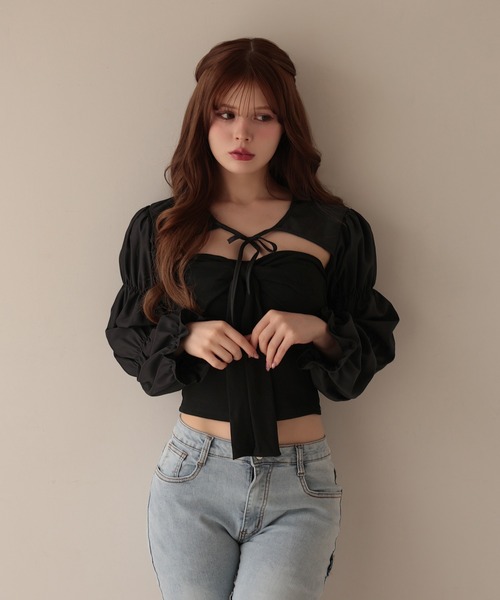 M DOLLY（エムドリー）の「Front ribbon mila bare top/フロントリボンミラ ベアトップ（チューブトップ・レディース・グレー/ブラック・FREE）」の3枚目の写真