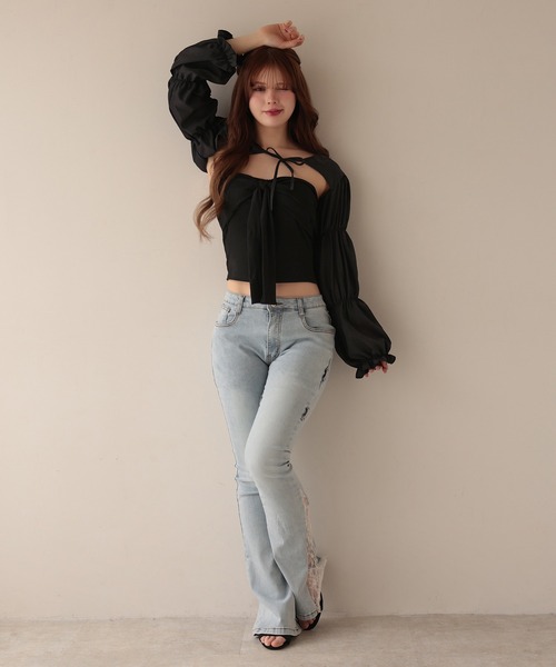 M DOLLY（エムドリー）の「Front ribbon mila bare top/フロントリボンミラ ベアトップ（チューブトップ・レディース・グレー/ブラック・FREE）」の5枚目の写真