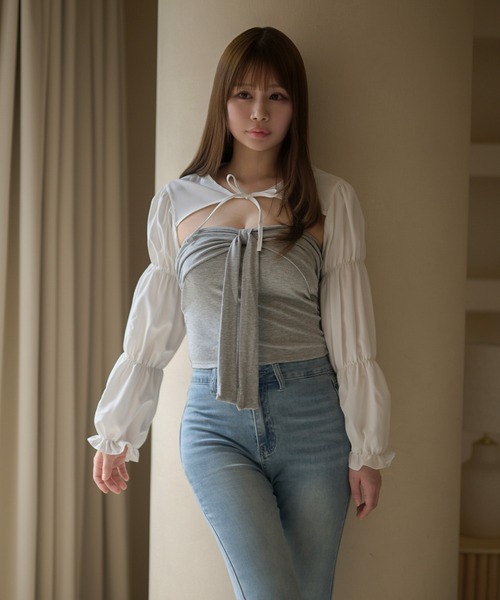 M DOLLY（エムドリー）の「Front ribbon mila bare top/フロントリボンミラ ベアトップ（チューブトップ・レディース・グレー/ブラック・FREE）」の6枚目の写真
