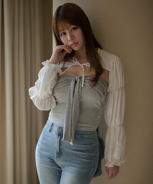 M DOLLY（エムドリー）の「Front ribbon mila bare top/フロントリボンミラ ベアトップ（チューブトップ・レディース・グレー/ブラック・FREE）」の8枚目の写真
