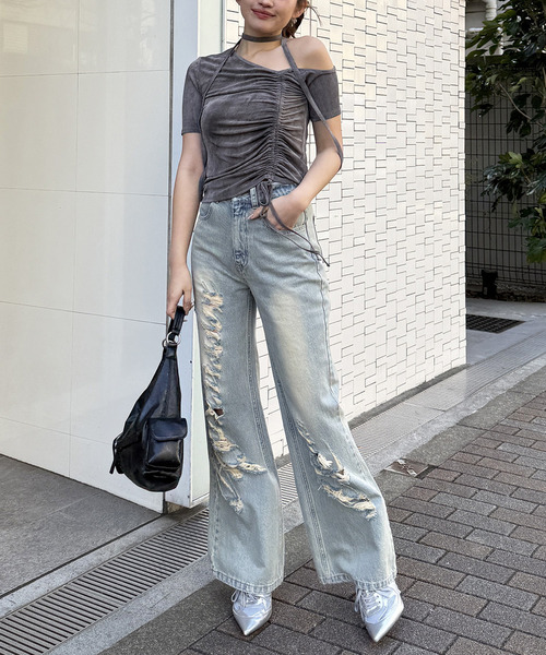 SPIRALGIRL(スパイラルガール)の「サイドギャザーワンショルトップス(Tシャツ/カットソー・レディース・オフホワイト/ブラウン/グレー・FREE)」の14枚目の写真