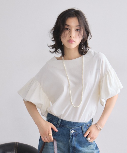 &. NOSTALGIA（アンドドットノスタルジア）の「フリルスリーブTシャツ（Tシャツ/カットソー・レディース・オフホワイト/ブラック・FREE）」の4枚目の写真