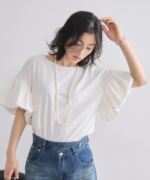 &. NOSTALGIA（アンドドットノスタルジア）の「フリルスリーブTシャツ（Tシャツ/カットソー・レディース・オフホワイト/ブラック・FREE）」の5枚目の写真