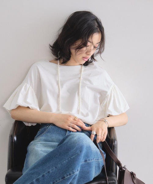 &. NOSTALGIA（アンドドットノスタルジア）の「フリルスリーブTシャツ（Tシャツ/カットソー・レディース・オフホワイト/ブラック・FREE）」の9枚目の写真