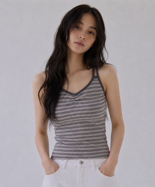 SAYUU(サユ)の「フェイドストライプスリーブレスグレー(Tシャツ/カットソー・レディース・杢グレー・FREE)」の1枚目の写真