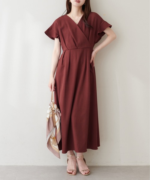 natural couture(ナチュラルクチュール)の「【sherbet line】接触冷感カシュクールフリル袖ワンピース(ワンピース・レディース・ブラック/ブラウン系その他/ベージュ/ボルドー/チャコールグレー/サックスブルー・FREE)」の6枚目の写真