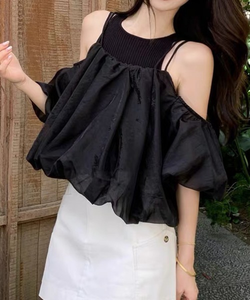 ampm（エーエムピーエム）の「異素材ドッキングバルーンキャミソールトップス（Tシャツ/カットソー・レディース・ブラック/ベージュ・S/M）」の2枚目の写真