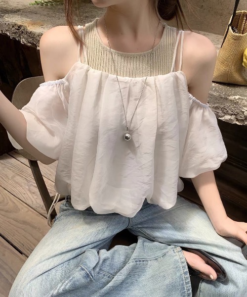 ampm（エーエムピーエム）の「異素材ドッキングバルーンキャミソールトップス（Tシャツ/カットソー・レディース・ブラック/ベージュ・S/M）」の13枚目の写真
