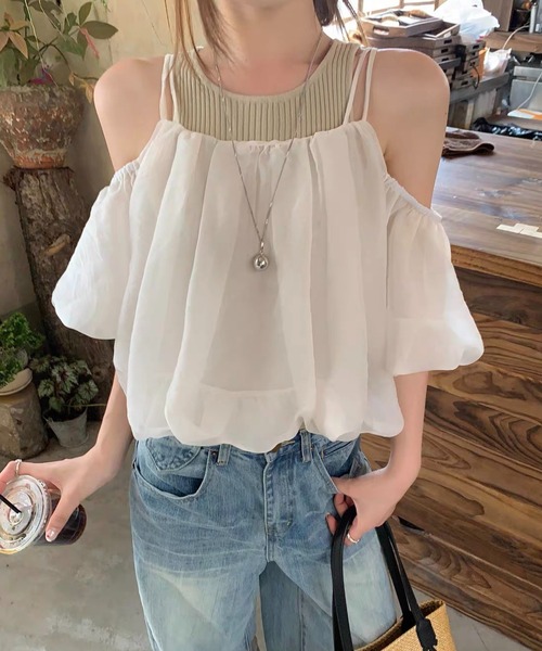 ampm（エーエムピーエム）の「異素材ドッキングバルーンキャミソールトップス（Tシャツ/カットソー・レディース・ブラック/ベージュ・S/M）」の14枚目の写真