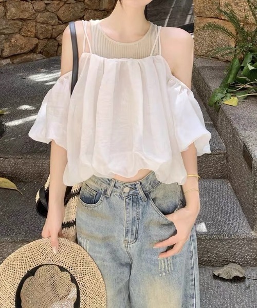 ampm（エーエムピーエム）の「異素材ドッキングバルーンキャミソールトップス（Tシャツ/カットソー・レディース・ブラック/ベージュ・S/M）」の18枚目の写真