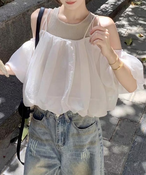 ampm（エーエムピーエム）の「異素材ドッキングバルーンキャミソールトップス（Tシャツ/カットソー・レディース・ブラック/ベージュ・S/M）」の19枚目の写真
