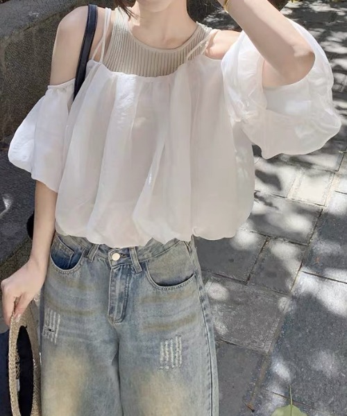 ampm（エーエムピーエム）の「異素材ドッキングバルーンキャミソールトップス（Tシャツ/カットソー・レディース・ブラック/ベージュ・S/M）」の20枚目の写真