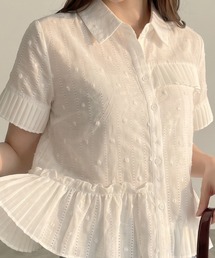 ドットジャガードブラウス 五分袖 5分袖 裾プリーツ フリル 切り替え 立体感 表面感 シフォン フェミニン 上品 大人可愛い トップス 夏