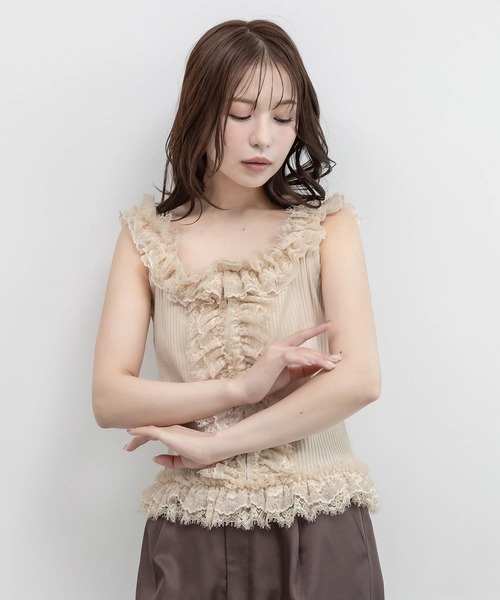 レースフリルコンビカットトップス（Tシャツ/カットソー）｜RANDA