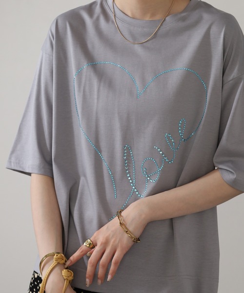 BRODIAEA（ブローディア）の「BRODIAEA ハートラインストーンデザインTシャツ 半端袖（Tシャツ/カットソー・レディース・ロイヤルブルー/シルバーグレー/グリーン/オフホワイト・40）」の11枚目の写真