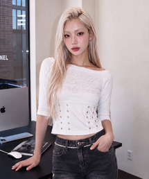 ホットフィックスアイレットボートネックTシャツ WHITE