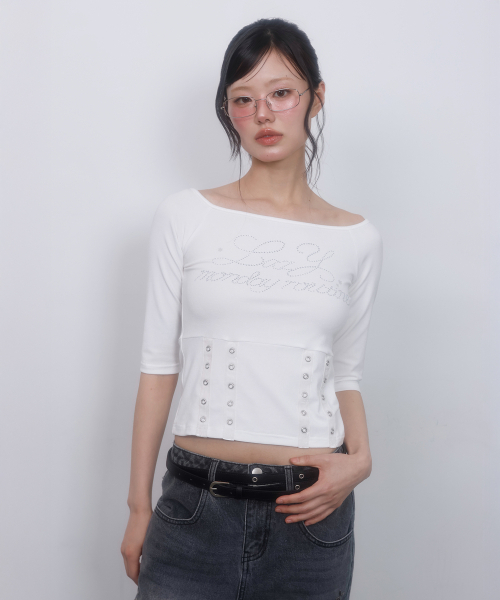 LMR(エルエムアール)の「ホットフィックスアイレットボートネックTシャツ WHITE(Tシャツ/カットソー・レディース・ホワイト・SMALL/MEDIUM)」の6枚目の写真