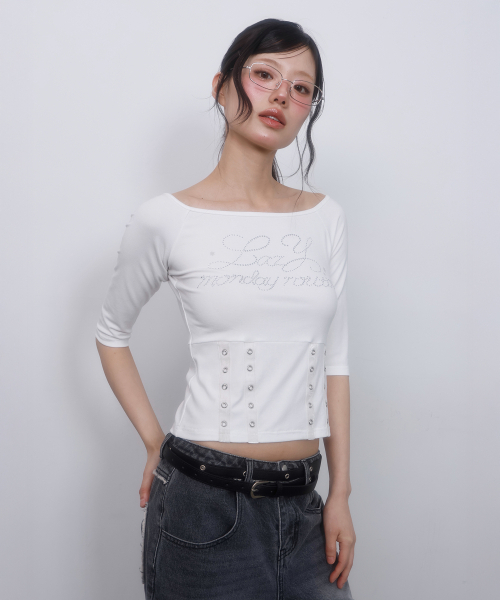 LMR(エルエムアール)の「ホットフィックスアイレットボートネックTシャツ WHITE(Tシャツ/カットソー・レディース・ホワイト・SMALL/MEDIUM)」の7枚目の写真