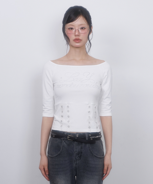 LMR(エルエムアール)の「ホットフィックスアイレットボートネックTシャツ WHITE(Tシャツ/カットソー・レディース・ホワイト・SMALL/MEDIUM)」の9枚目の写真
