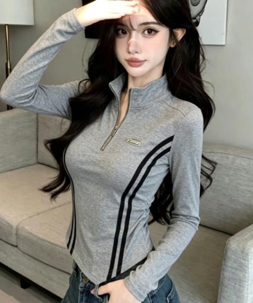Sibra(シブラ)の「サイドラインハーフジップトップス/配色ライン 長袖カットソー(Tシャツ/カットソー・レディース・グレー/ホワイト/ブラック・M)」の3枚目の写真