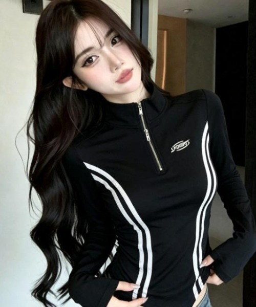 Sibra(シブラ)の「サイドラインハーフジップトップス/配色ライン 長袖カットソー(Tシャツ/カットソー・レディース・グレー/ホワイト/ブラック・M)」の1枚目の写真