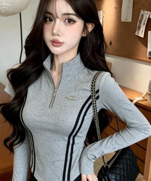 Sibra(シブラ)の「サイドラインハーフジップトップス/配色ライン 長袖カットソー(Tシャツ/カットソー・レディース・グレー/ホワイト/ブラック・M)」の10枚目の写真
