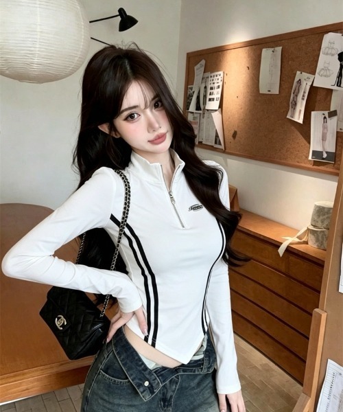 Sibra(シブラ)の「サイドラインハーフジップトップス/配色ライン 長袖カットソー(Tシャツ/カットソー・レディース・グレー/ホワイト/ブラック・M)」の7枚目の写真