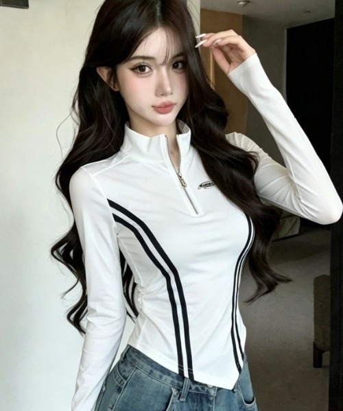 Sibra(シブラ)の「サイドラインハーフジップトップス/配色ライン 長袖カットソー(Tシャツ/カットソー・レディース・グレー/ホワイト/ブラック・M)」の4枚目の写真