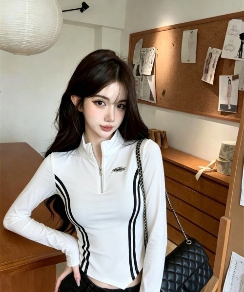 Sibra(シブラ)の「サイドラインハーフジップトップス/配色ライン 長袖カットソー(Tシャツ/カットソー・レディース・グレー/ホワイト/ブラック・M)」の8枚目の写真