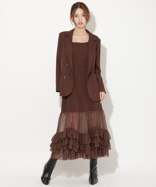 AND COUTURE(アンドクチュール)の「ジャケット×シアーチュールレイヤーワンピース(ワンピース・レディース・チャコールグレー/ブラック/ブラウン・FREE)」の3枚目の写真